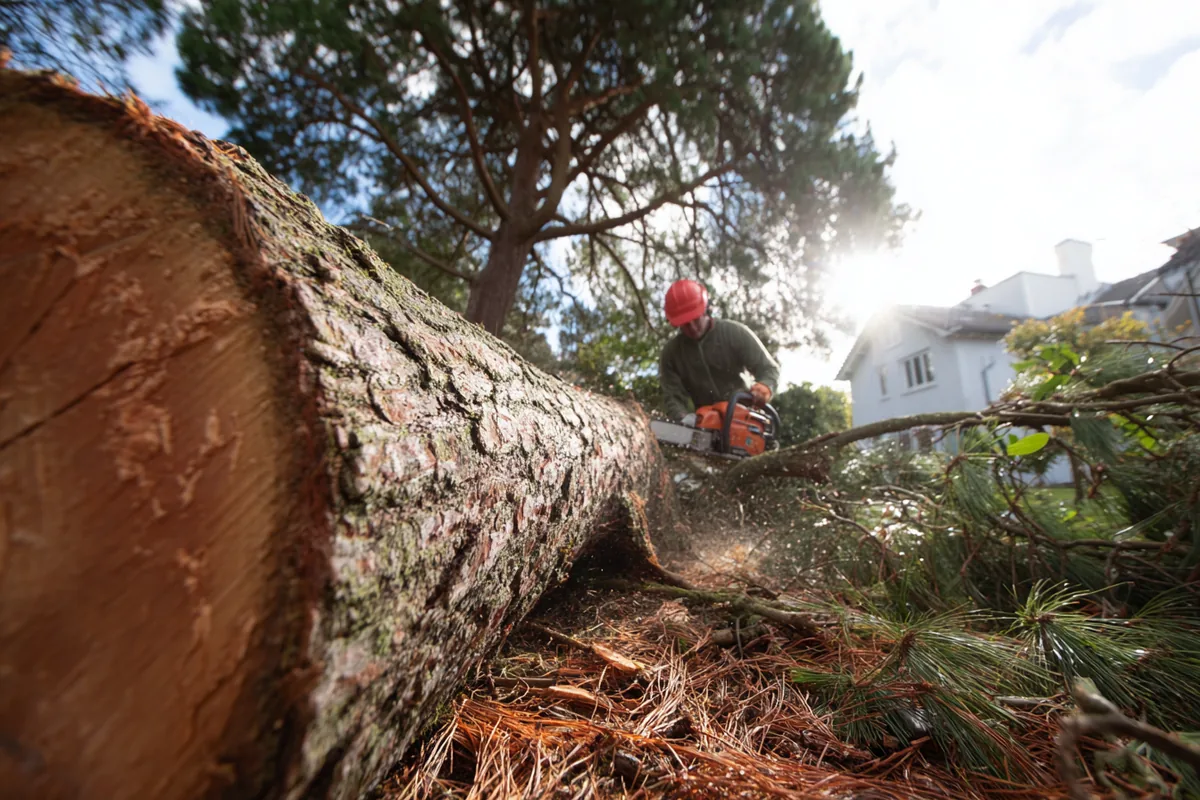 Arborist klatrer i højt fyrretræ med klatresele og udfører træfældning i Roskilde